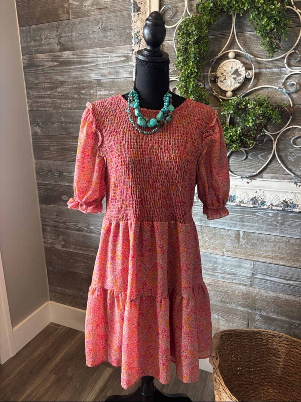 Wild Fable (Size L) Boho Women’s Pink Smocked Tiered Floral Dress